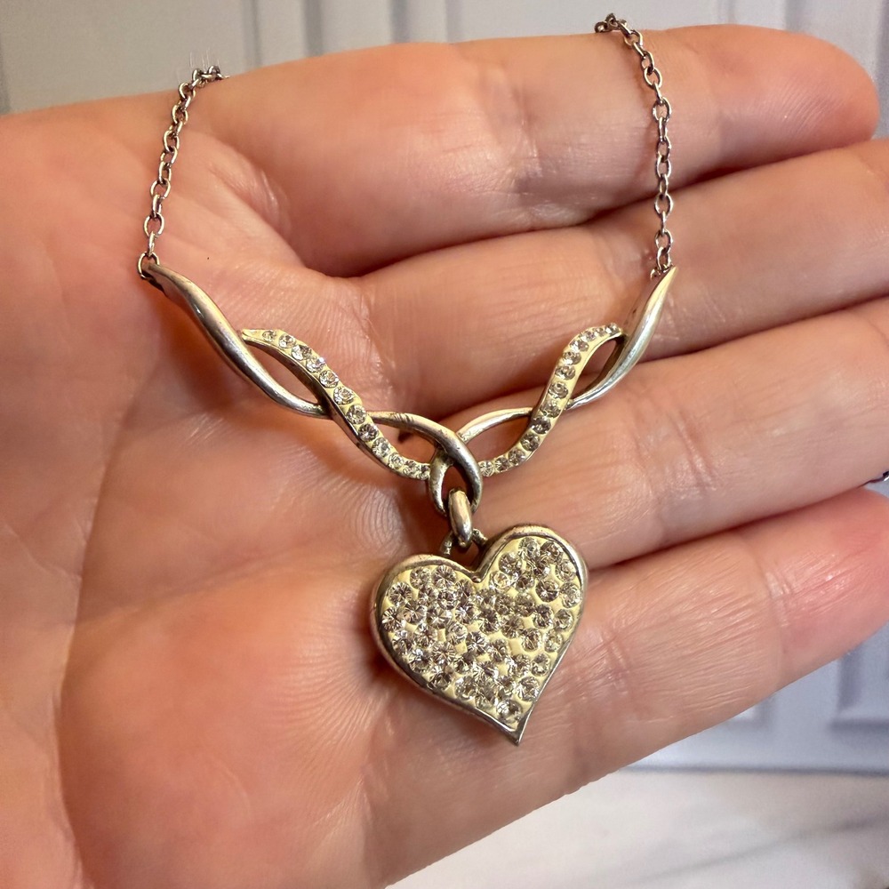 Vintage Sterling Silver Pendant Necklace 925 Pave Crystal Heart Infinity Twist